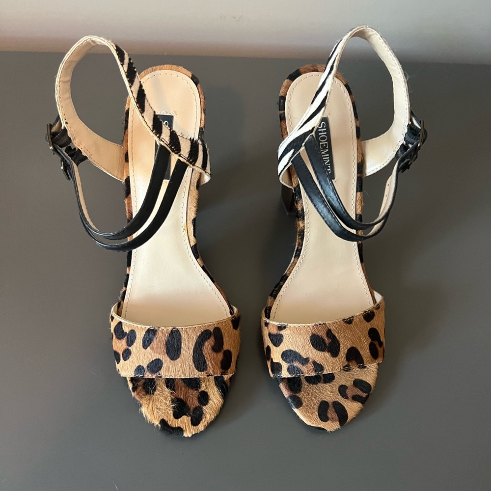 Shoemint Leopard Zebra Pony Hair Carol Heels Sandals 8